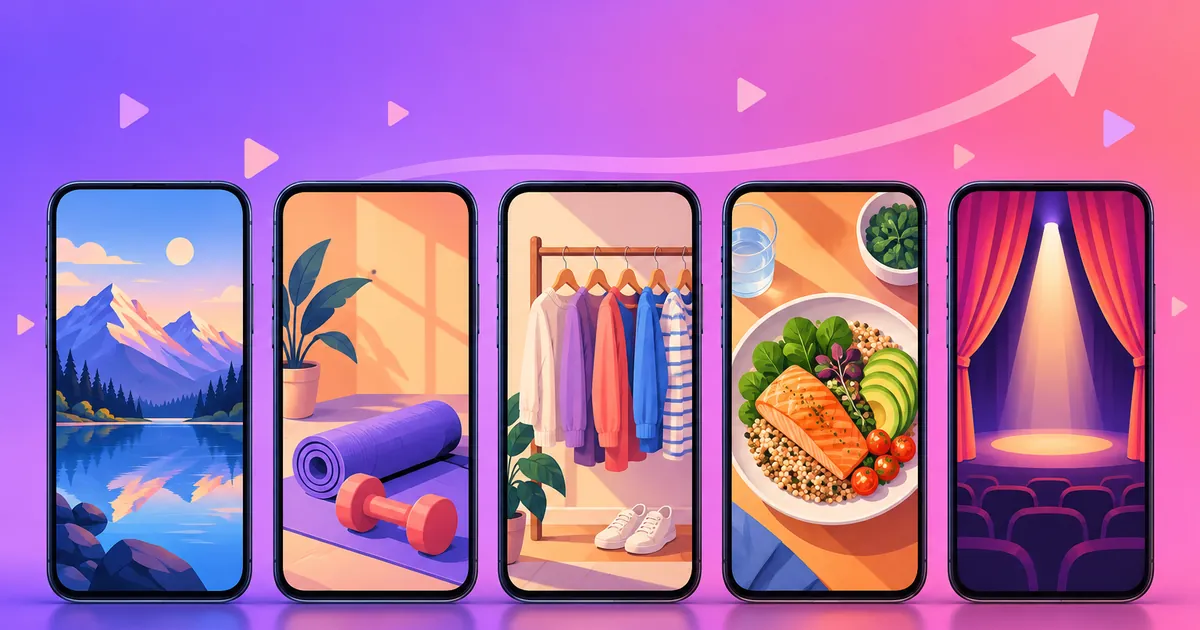 Illustration of five phones showing a mountain lake, a yoga mat, a clothes rail, a plate of food and a stage
