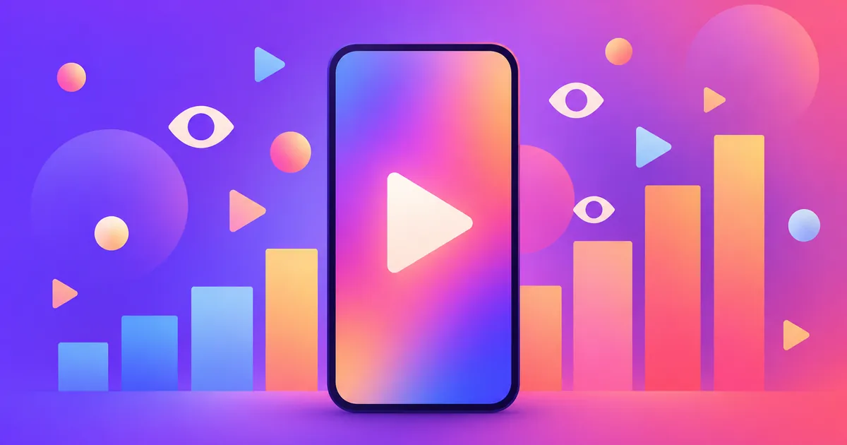Illustration of a large phone with a play button between rising bars and eye icons