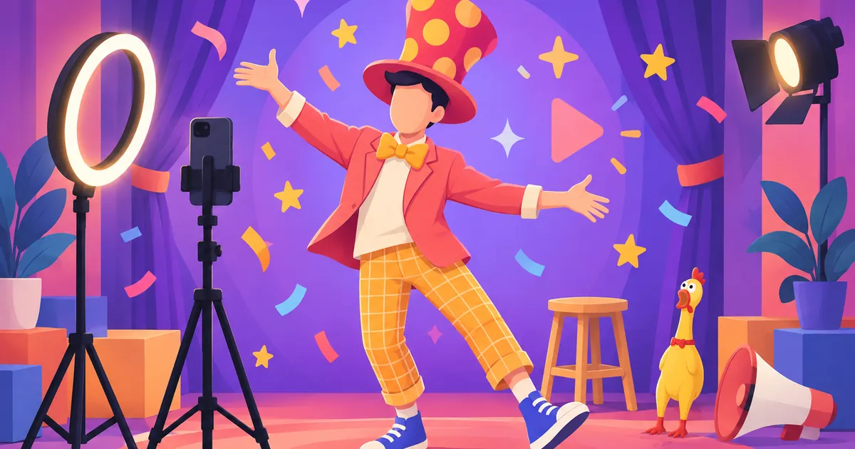 Illustration of a comedy creator performing in front of a curtain while a phone on a tripod and a ring light film