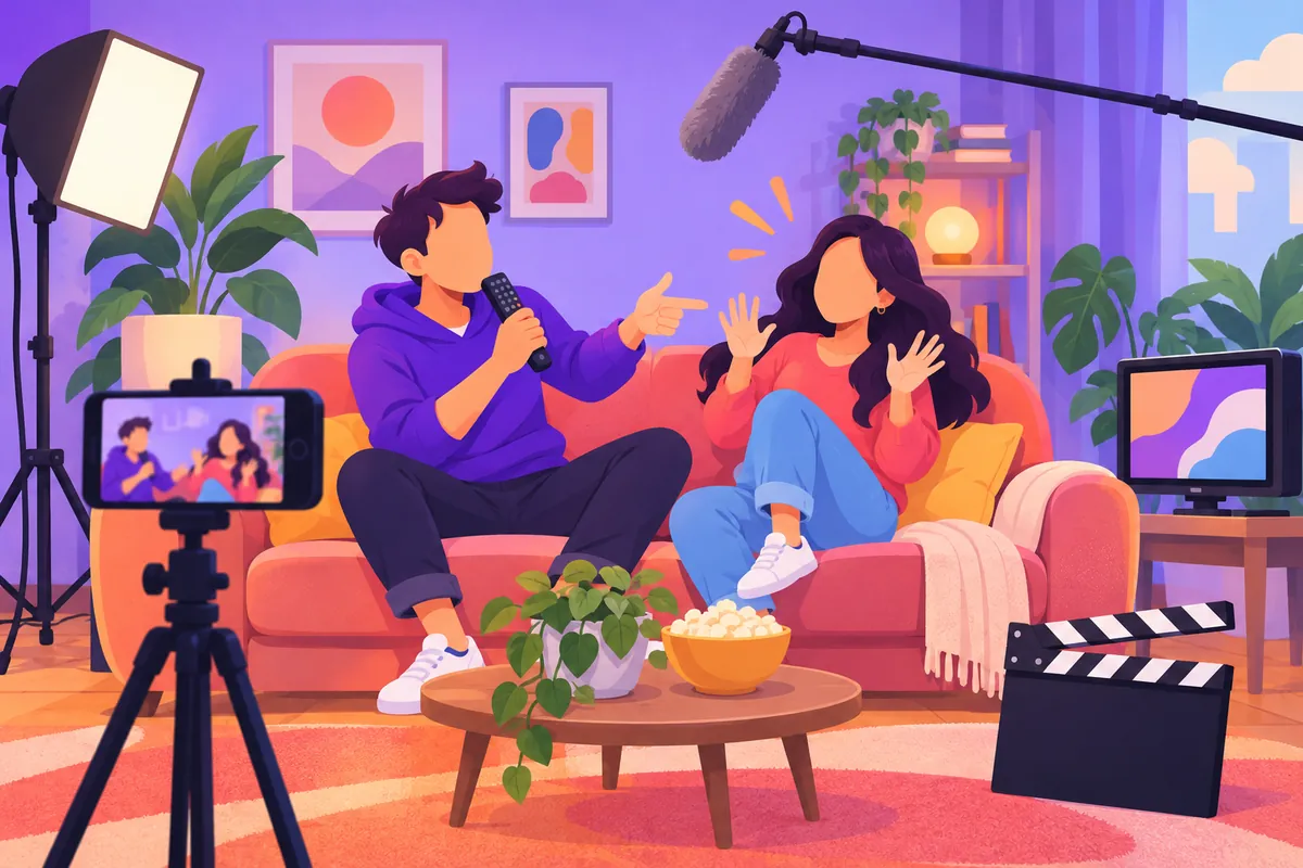 Illustration of two actors on a sofa performing a comedy sketch while a phone on a tripod films them