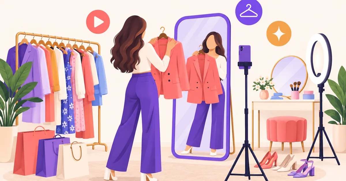 Illustration of a fashion creator holding a blazer before a mirror while a phone and ring light film the outfit