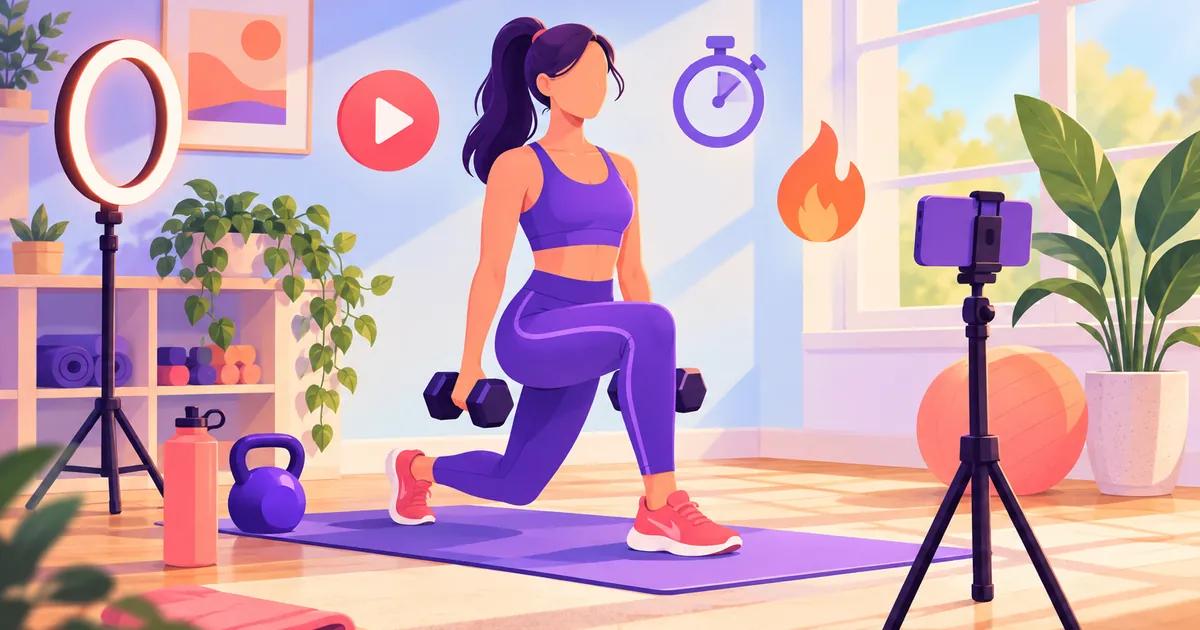 Illustration of a fitness creator doing a dumbbell lunge on a yoga mat while a phone on a tripod films the workout