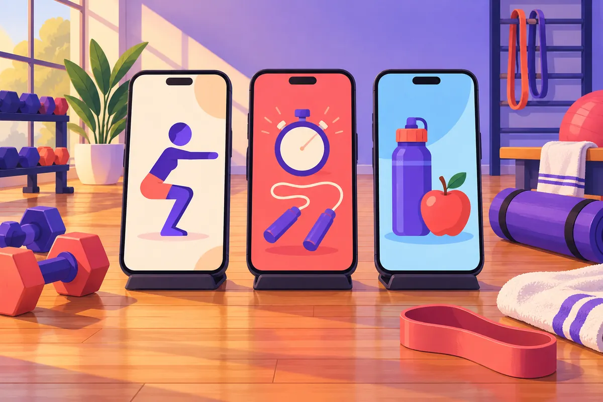 Illustration of three phones on stands showing a squat demonstration, a stopwatch routine and a water-and-apple tip