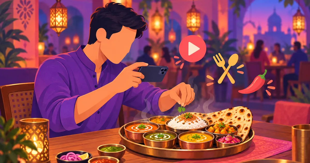 Illustration of a food creator filming an Indian thali on a restaurant table with a smartphone
