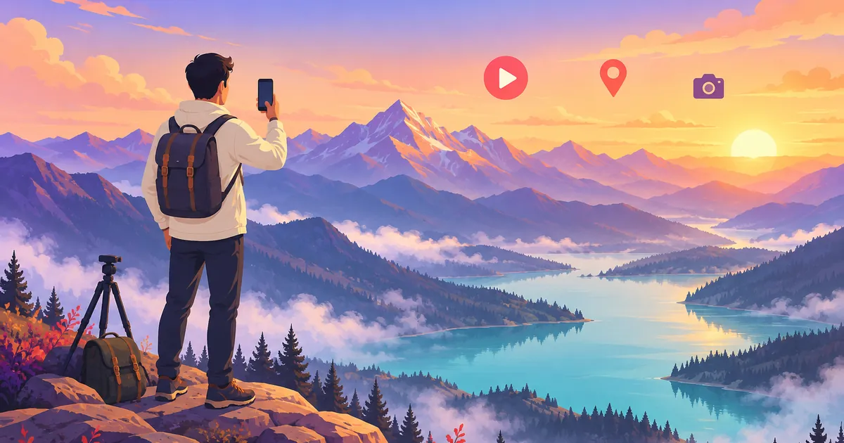 Illustration of a faceless travel creator filming a vertical video at a mountain viewpoint above a lake